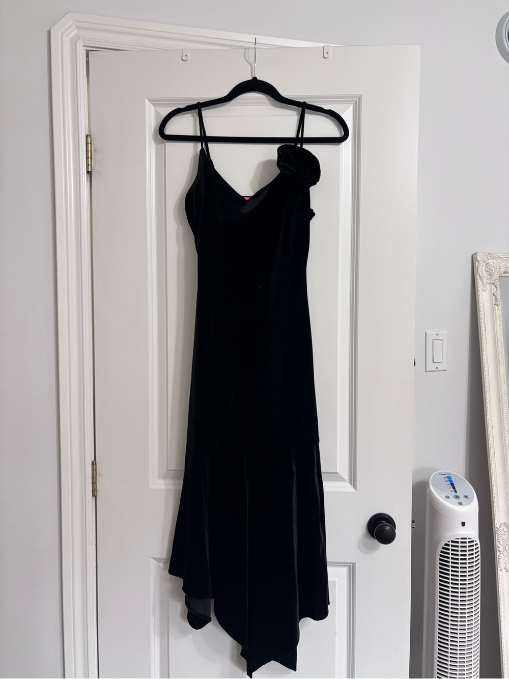 Betsey Johnson Black Velvet Asymmetrical Slip Dress with Rosette Strap